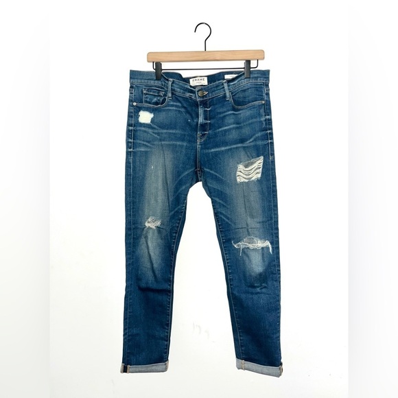 FRAME Denim Women's Le Garcon Ripped Distressed Cuffed Blue Jeans Size 31 - Picture 2 of 11
